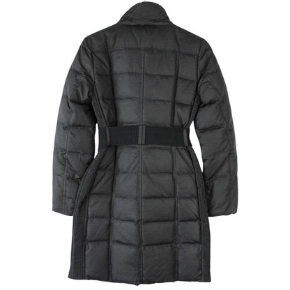 Burberry black puffer coat with Nova Check pattern and belted waist detail.