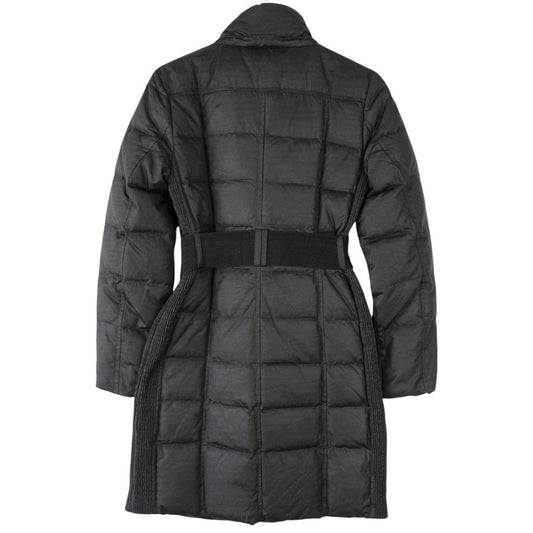 Burberry black puffer coat with Nova Check pattern and belted waist detail.