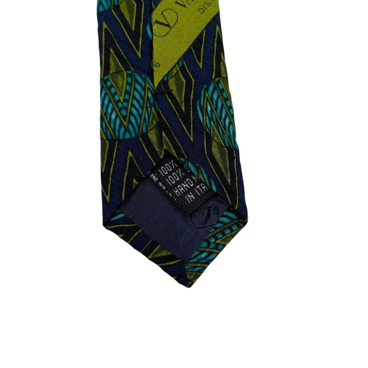Vintage Valentino Green and Navy Blue Geometric Pattern Silk Tie