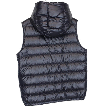 Moncler navy blue hooded nylon down gilet with logo and quilted texture.