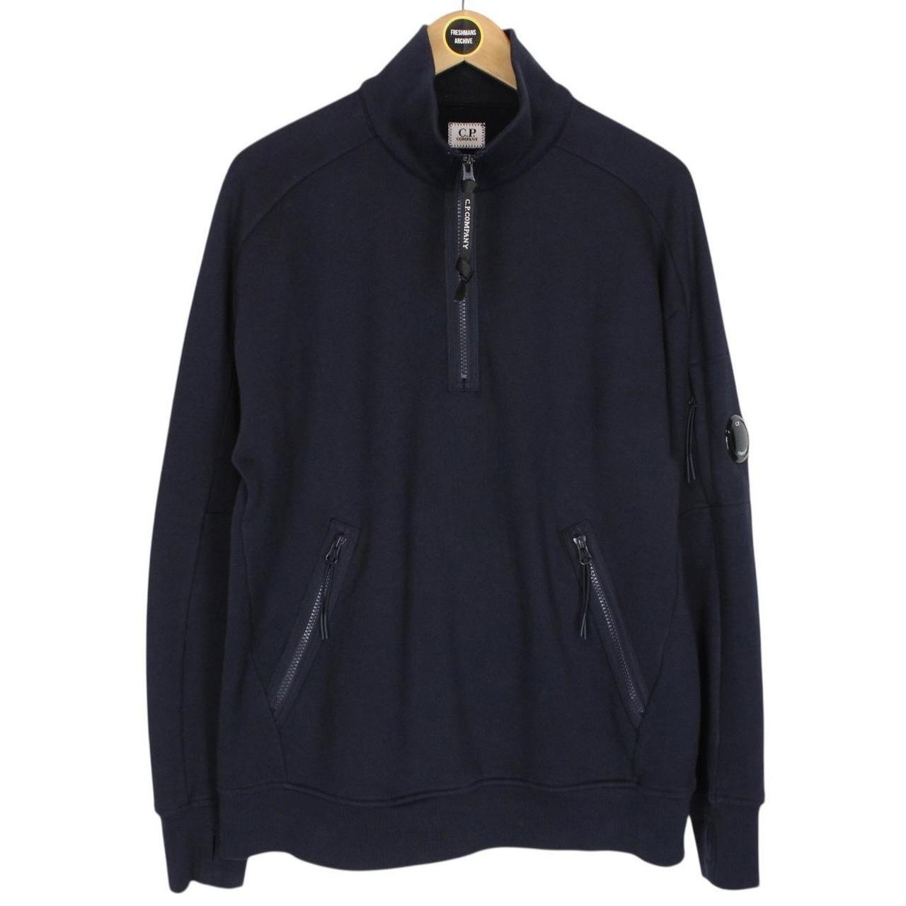 CP Company Navy Blue Diagonal Raised Fleece Cotton 1/4 Zip Lens Sweatshirt