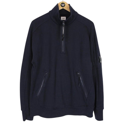 CP Company Navy Blue Diagonal Raised Fleece Cotton 1/4 Zip Lens Sweatshirt