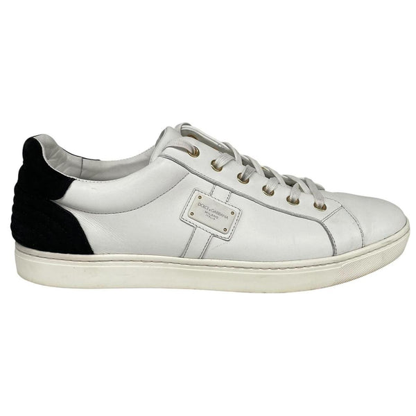 Dolce & Gabbana white and navy blue leather trainers with logo detailing and creased toe box.