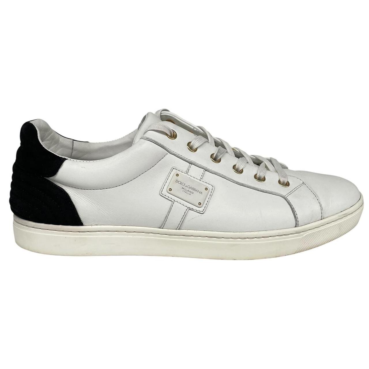 Dolce & Gabbana white and navy blue leather trainers with logo detailing and creased toe box.