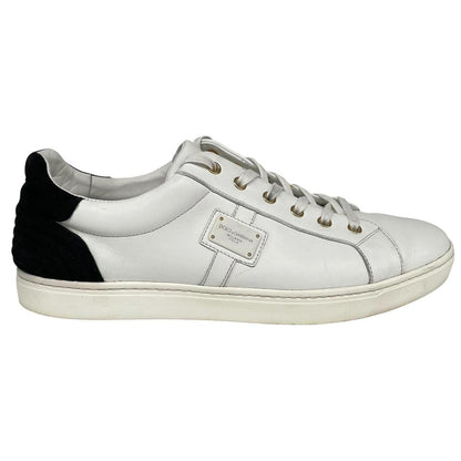Dolce & Gabbana white and navy blue leather trainers with logo detailing and creased toe box.