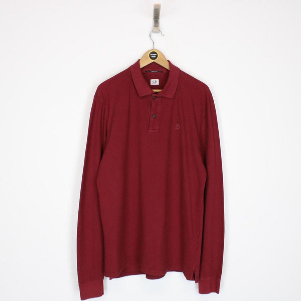 CP Company Burgundy Long Sleeve Piquet Logo Polo Shirt