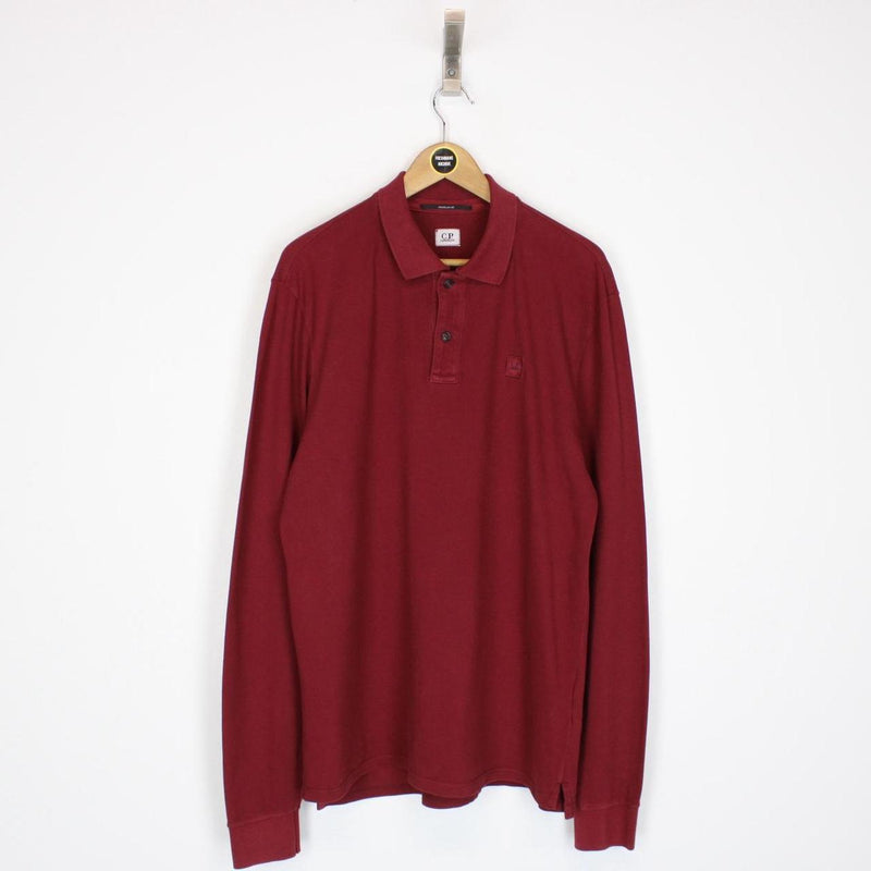 CP Company Burgundy Long Sleeve Piquet Logo Polo Shirt