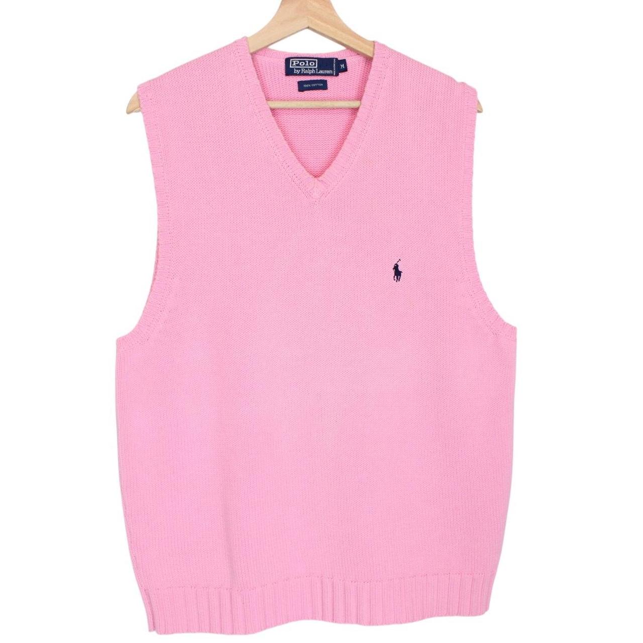 Polo Ralph Lauren pink cotton sweater vest with embroidered logo and ribbed hem.