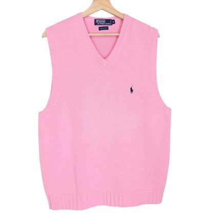 Polo Ralph Lauren pink cotton sweater vest with embroidered logo and ribbed hem.