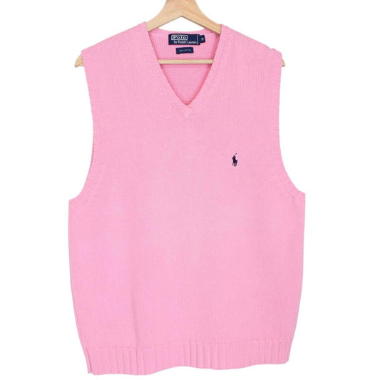 Polo Ralph Lauren pink cotton sweater vest with embroidered logo and ribbed hem.