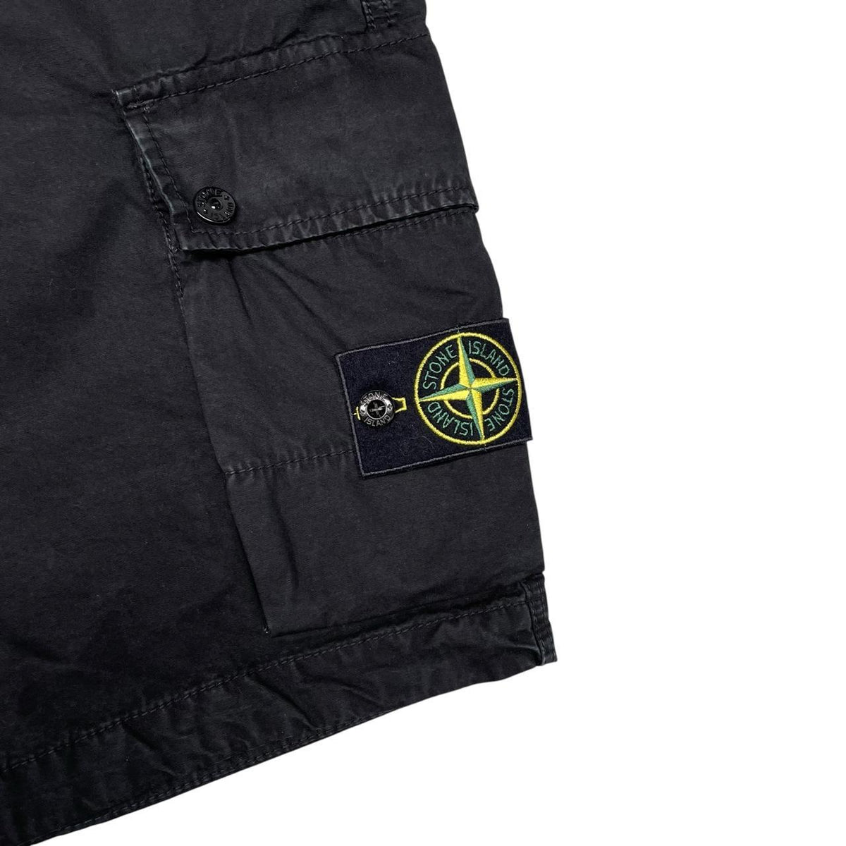 Stone Island black cargo shorts with logo patch and cotton material.