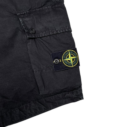 Stone Island black cargo shorts with logo patch and cotton material.