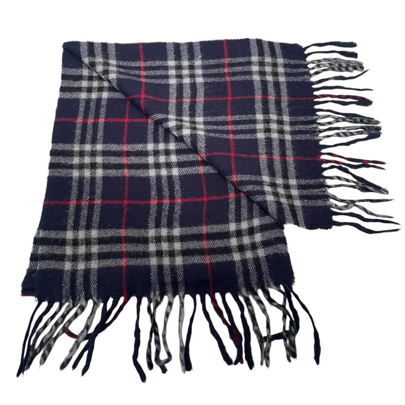 Vintage 90s Burberry Navy Blue Nova Check Lambswool Scarf