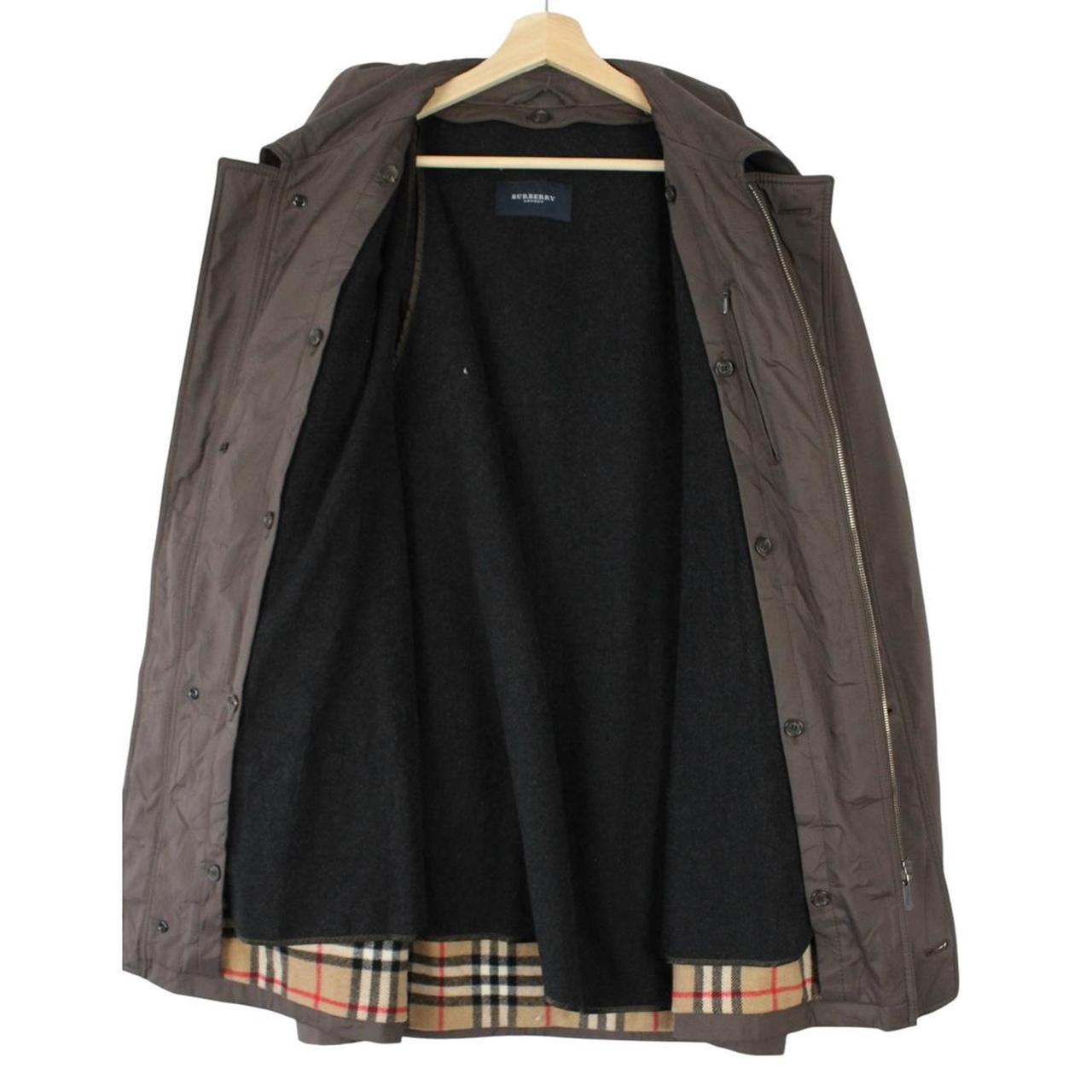 Burberry brown quilted coat featuring iconic Nova Check pattern and removable wool lining.