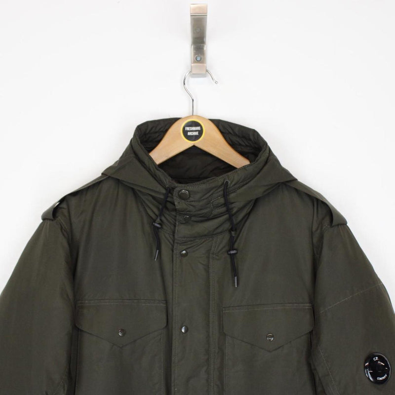 CP Company Khaki Green Micro-M Full Zip Lens Hooded Down Jacket