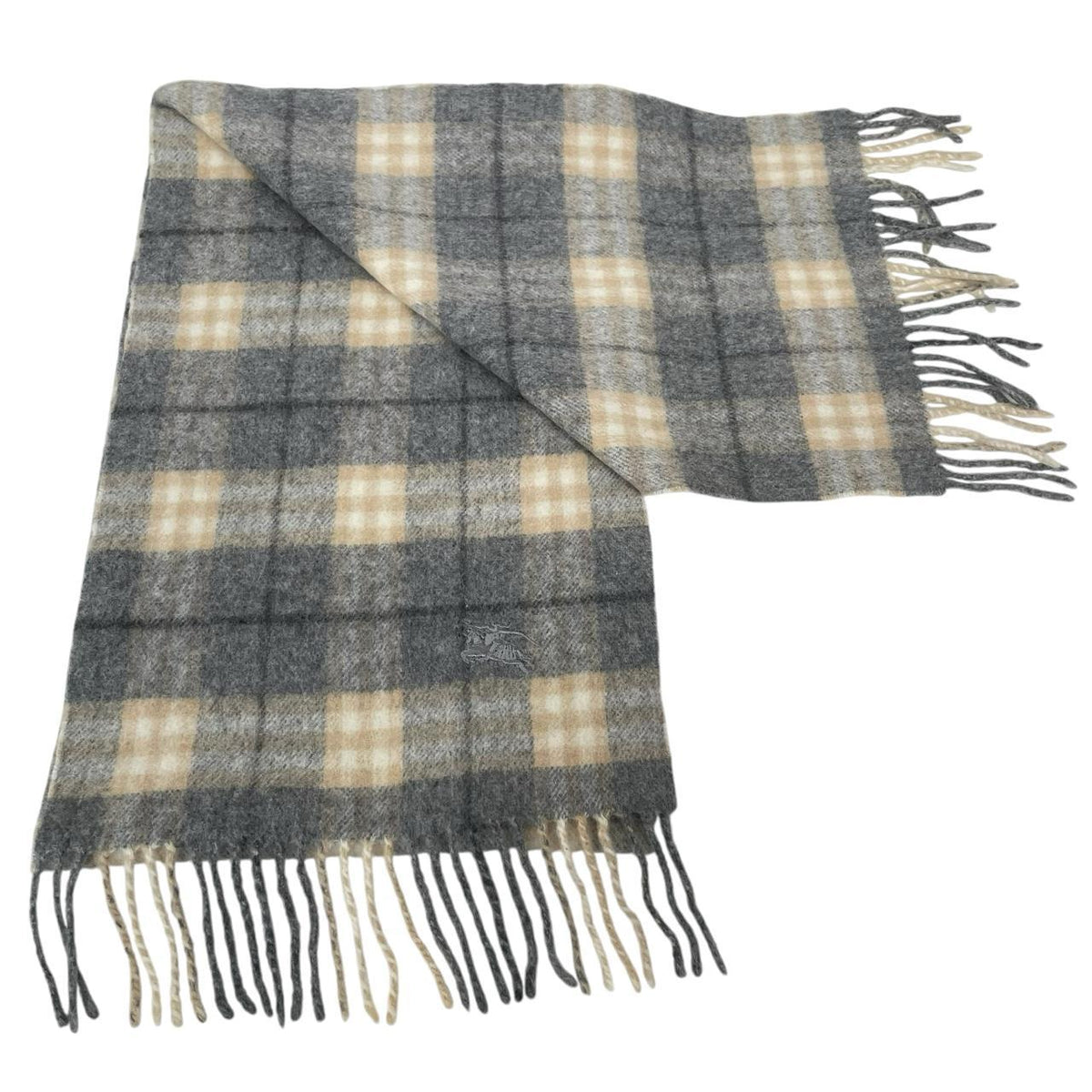 Burberry grey scarf featuring iconic Nova Check pattern in lambswool blend.