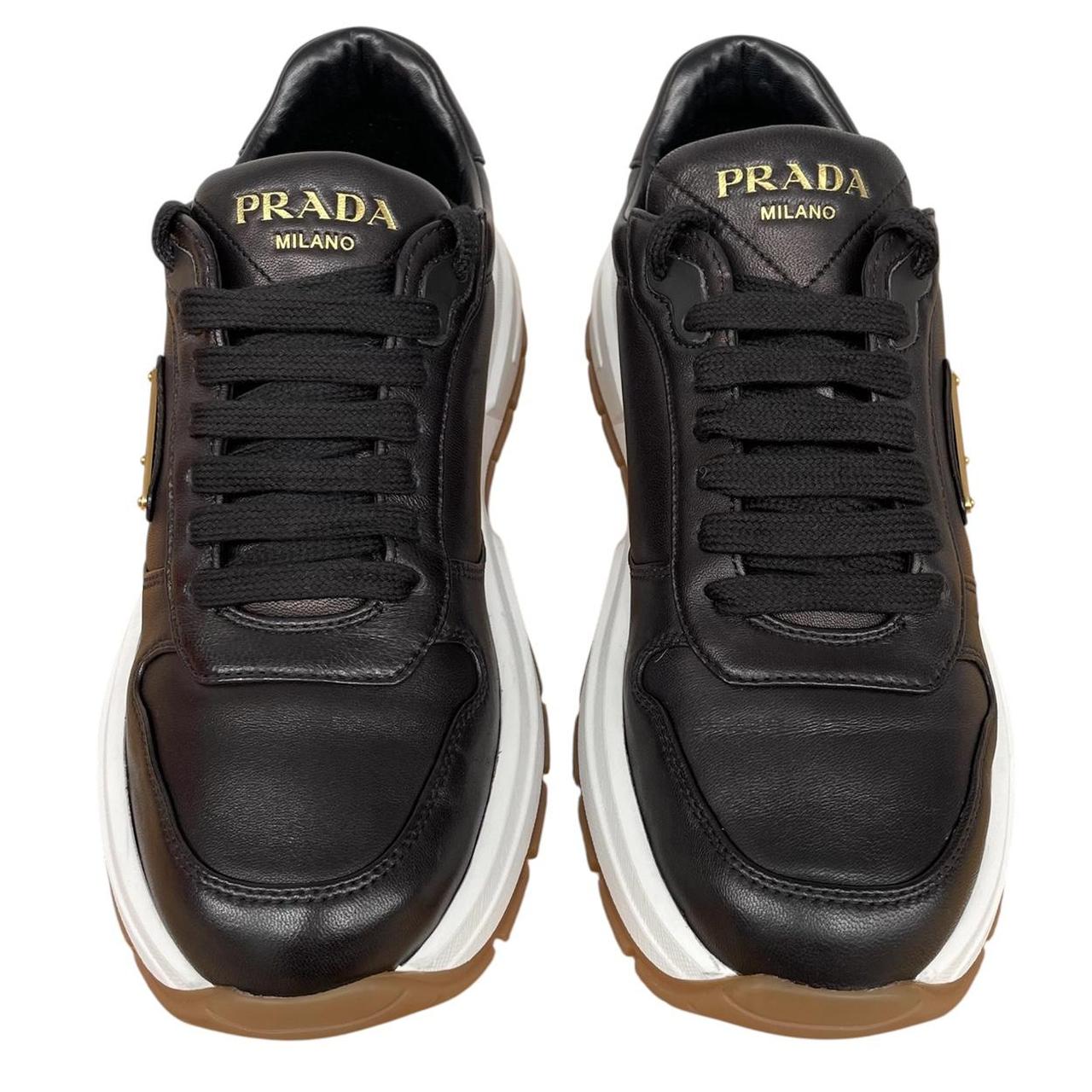 Prada Black and White Triangle Logo Leather Trainers