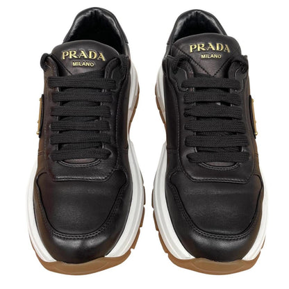Prada Black and White Triangle Logo Leather Trainers