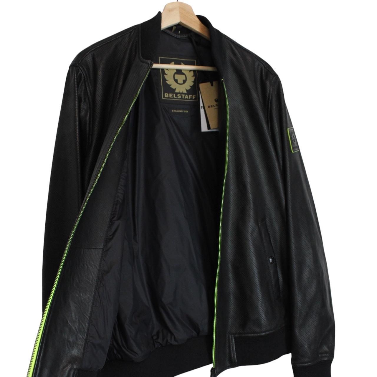 Belstaff black leather bomber jacket with full zip and logo details.