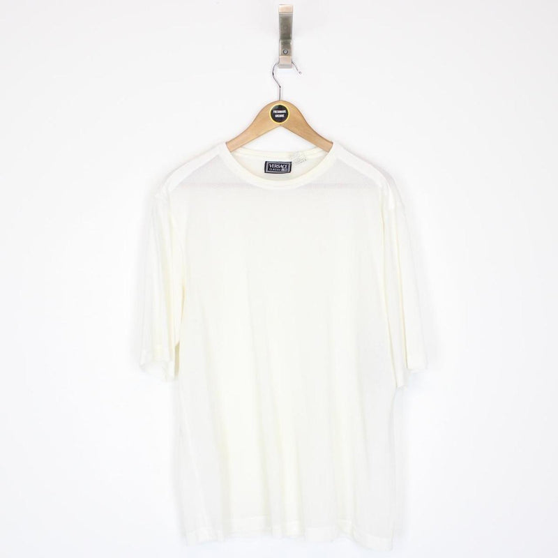 Vintage 90s Versace Classic Cream Woven Knit Short Sleeve T-Shirt