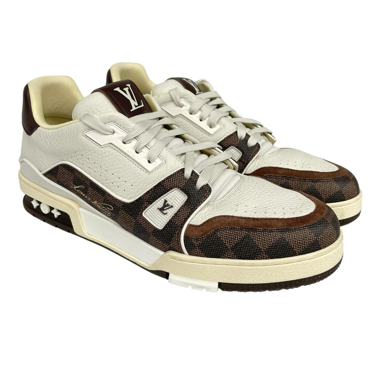 Louis Vuitton trainers white and moka brown Damier Ebene leather with logo detail.