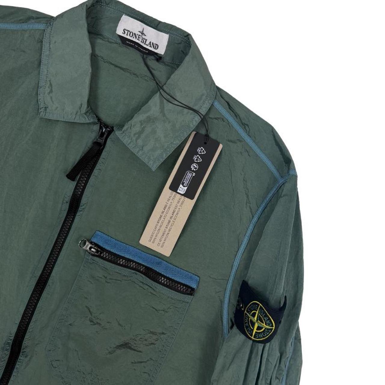 Stone Island green nylon metal overshirt jacket with full zip and logo patch.