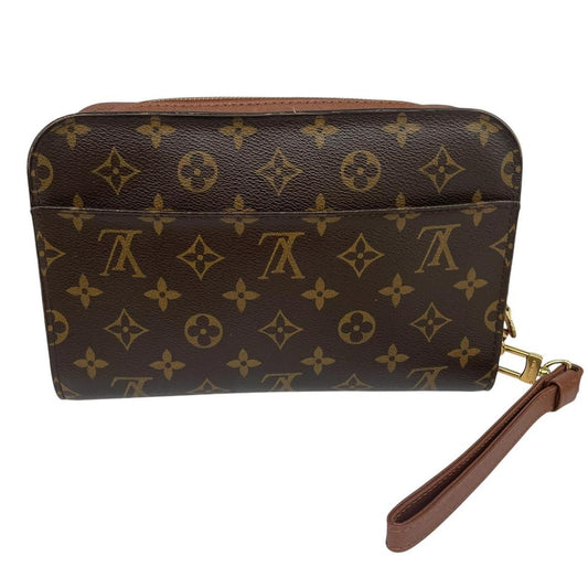 Louis Vuitton brown and tan monogram Orsay clutch bag with iconic logo pattern.