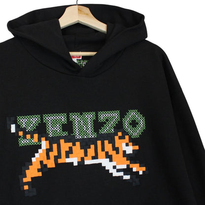 Kenzo black hoodie featuring digital tiger design and cotton material.