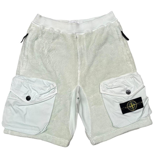 Stone Island AW 2021 Pale Green Teddy Fleece Cotton Cargo Shorts