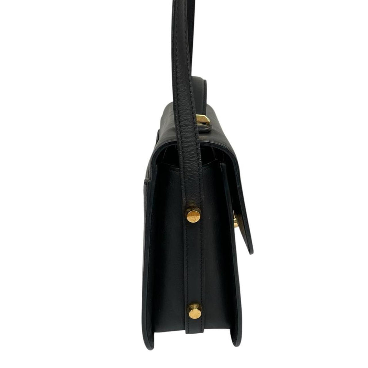 Alexander McQueen black and gold leather messenger bag with logo detailing and faint scratches.