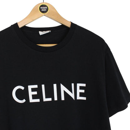 Celine Black and White Logo Print Short Sleeve Cotton T-Shirt