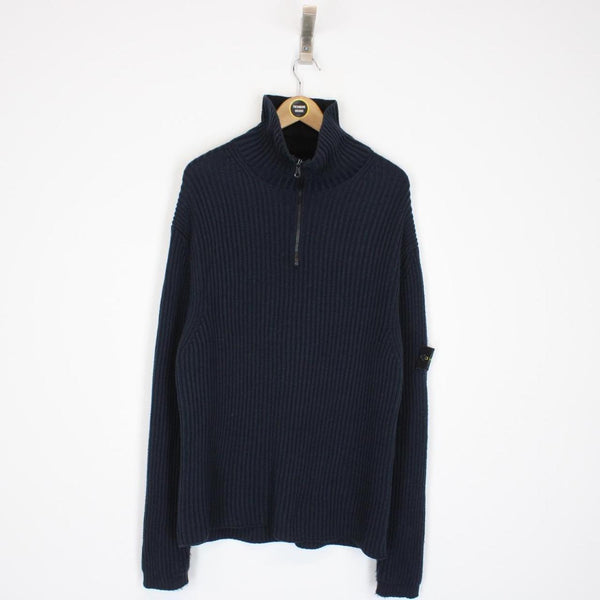 Vintage Stone Island AW 2002 Navy Blue Ribbed Wool Knit 1/4 Zip Jumper