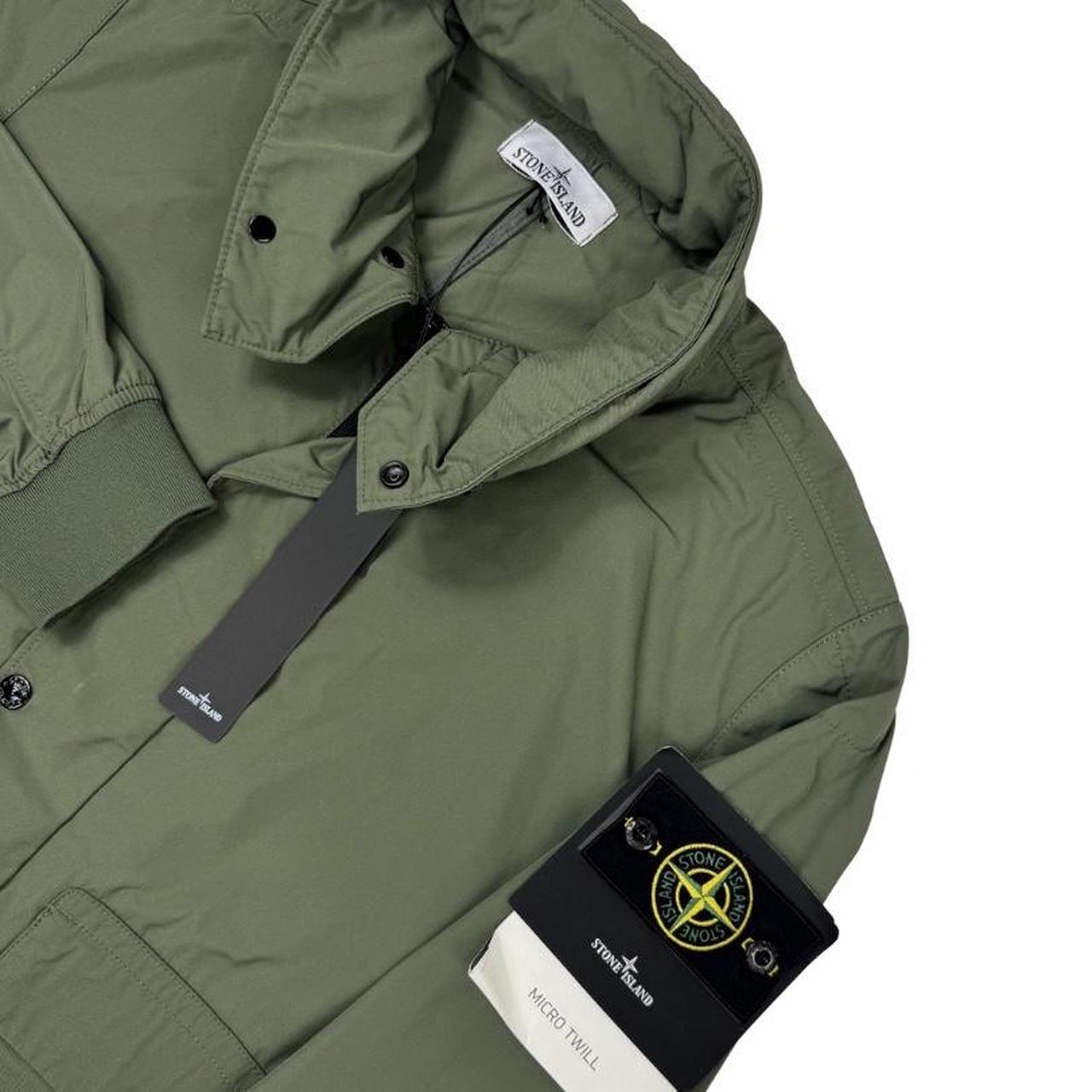 Stone Island green full zip micro twill jacket with removable woven brand patch.