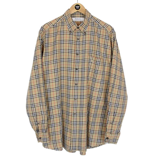 Vintage 90s Burberry Tan Brown Nova Check Long Sleeve Cotton Shirt