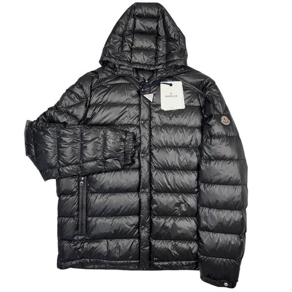 Moncler grey down nylon hooded puffer jacket with logo patch and quilted design.