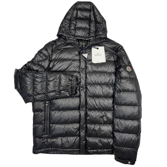 Moncler grey down nylon hooded puffer jacket with logo patch and quilted design.