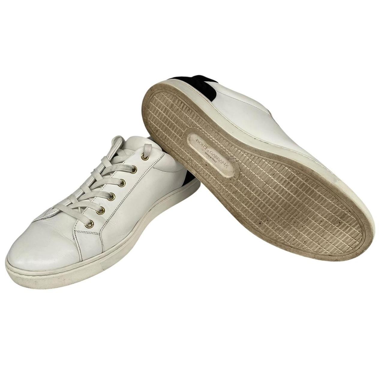 Dolce & Gabbana white and navy blue leather trainers with logo detailing and creased toe box.