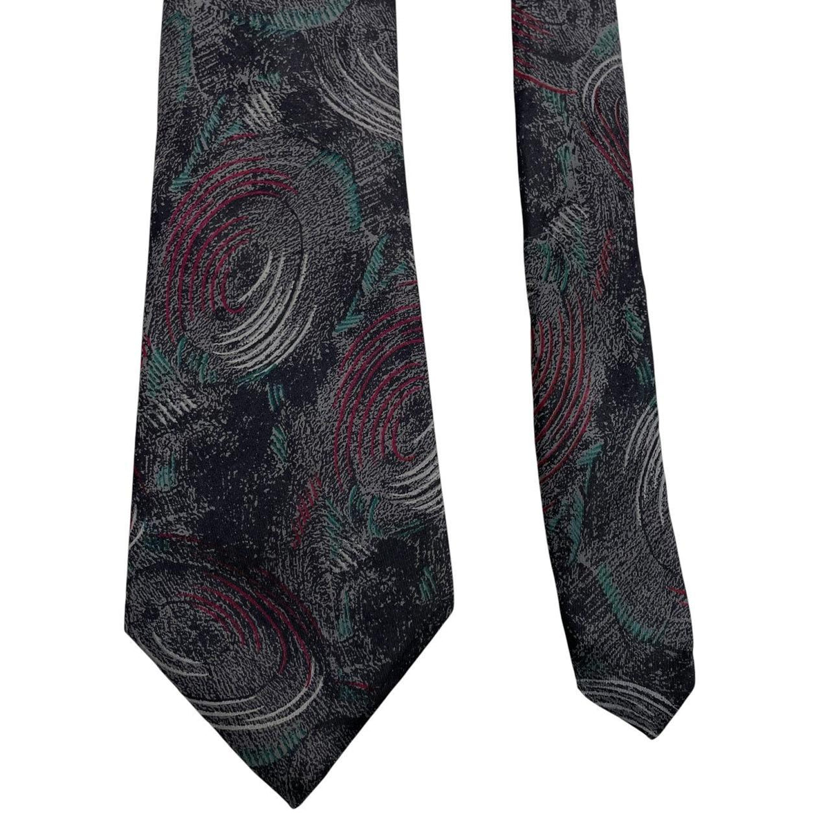 Lanvin multicoloured abstract print silk tie featuring vibrant patterns in black, green, and red.