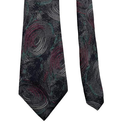 Lanvin multicoloured abstract print silk tie featuring vibrant patterns in black, green, and red.