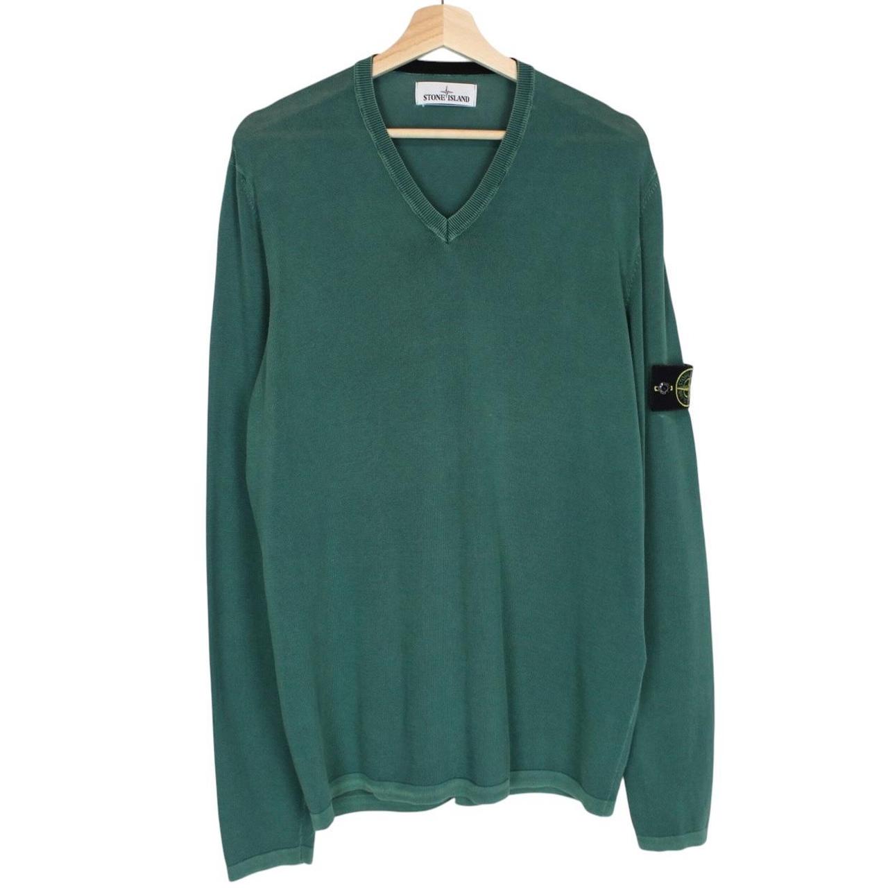 Stone Island green knit v-neck jumper with logo patch on sleeve and ribbed cuffs.