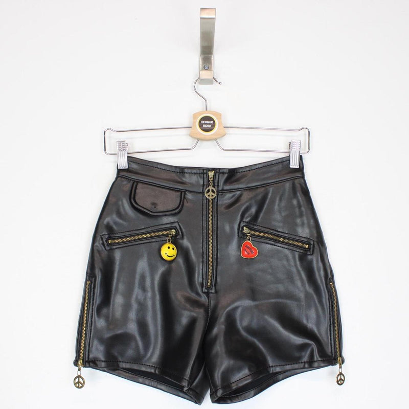 Vintage 90s Moschino Peace and Love Black Faux Leather 2 Piece Vest and Shorts
