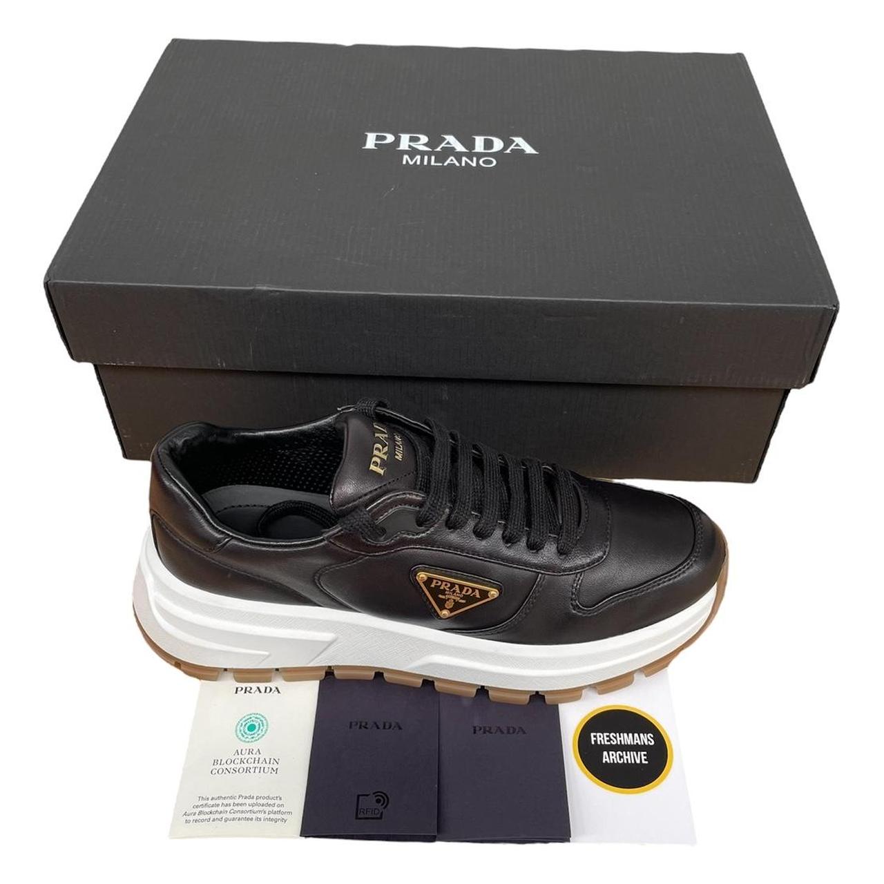 Prada Black and White Triangle Logo Leather Trainers