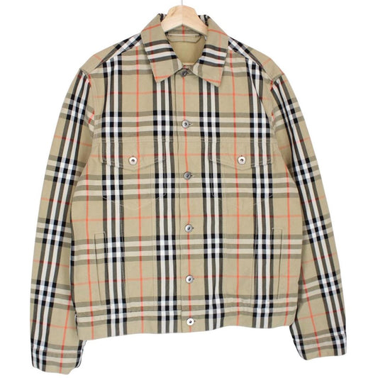 Burberry beige denim jacket featuring iconic Nova Check pattern and logo detail.