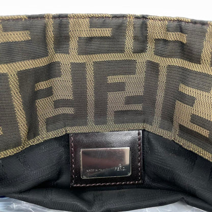 Fendi brown duffel bag featuring iconic Zucca monogram canvas and leather handles.