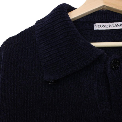 Stone Island navy blue chenille cotton knit jumper with iconic compass logo patch.