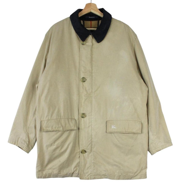 Burberry beige wool coat with Nova Check lining and logo detailing.