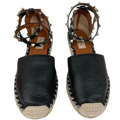 Valentino Garavani Rockstud Black and Brown Leather Espadrille Flat