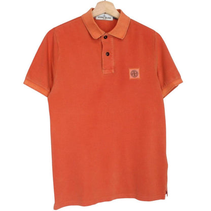 Stone Island orange short sleeve polo shirt with compass logo and cotton material.