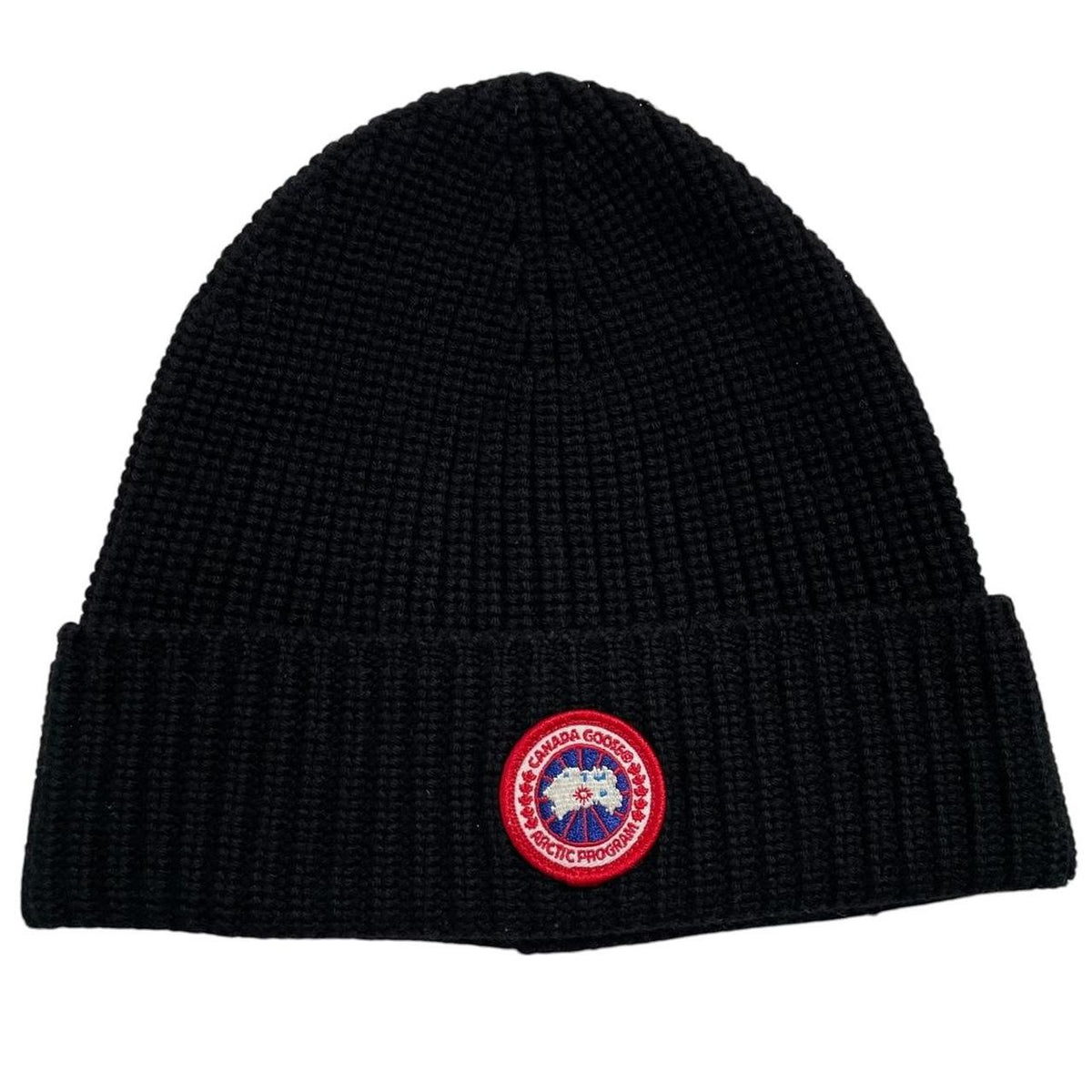 Canada Goose black ribbed wool beanie hat with logo patch on front.