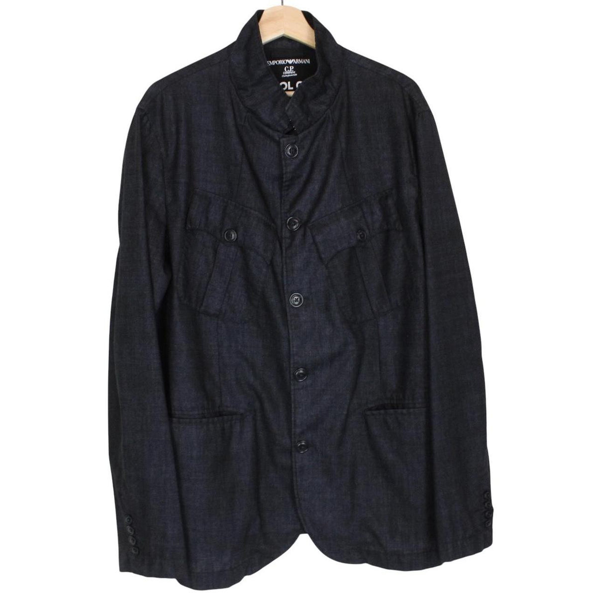 CP Company navy blue jacket garment dyed wool with logo details and gum finish.